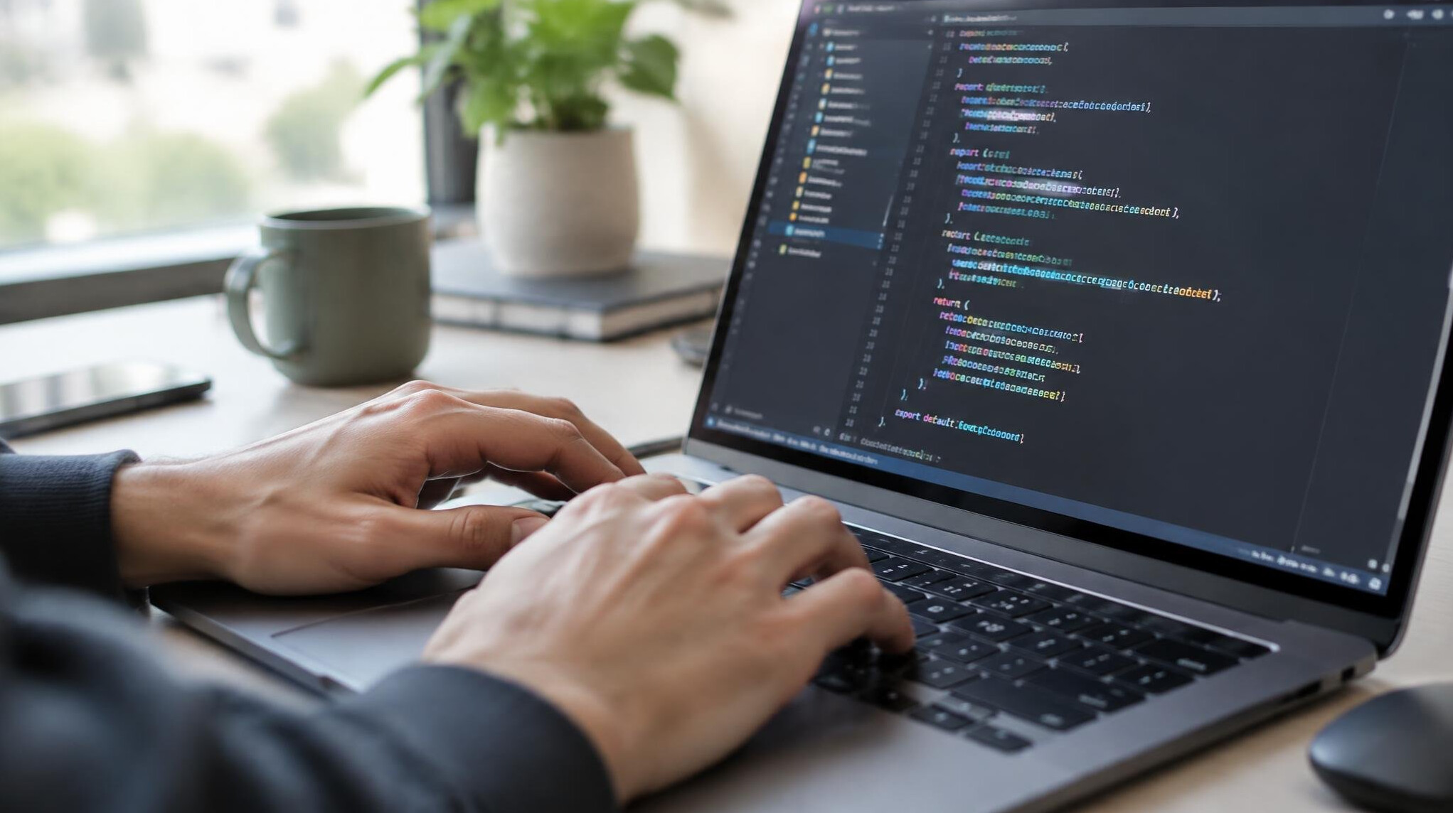 Close-up of hands typing code on a laptop with a colorful code editor on screen