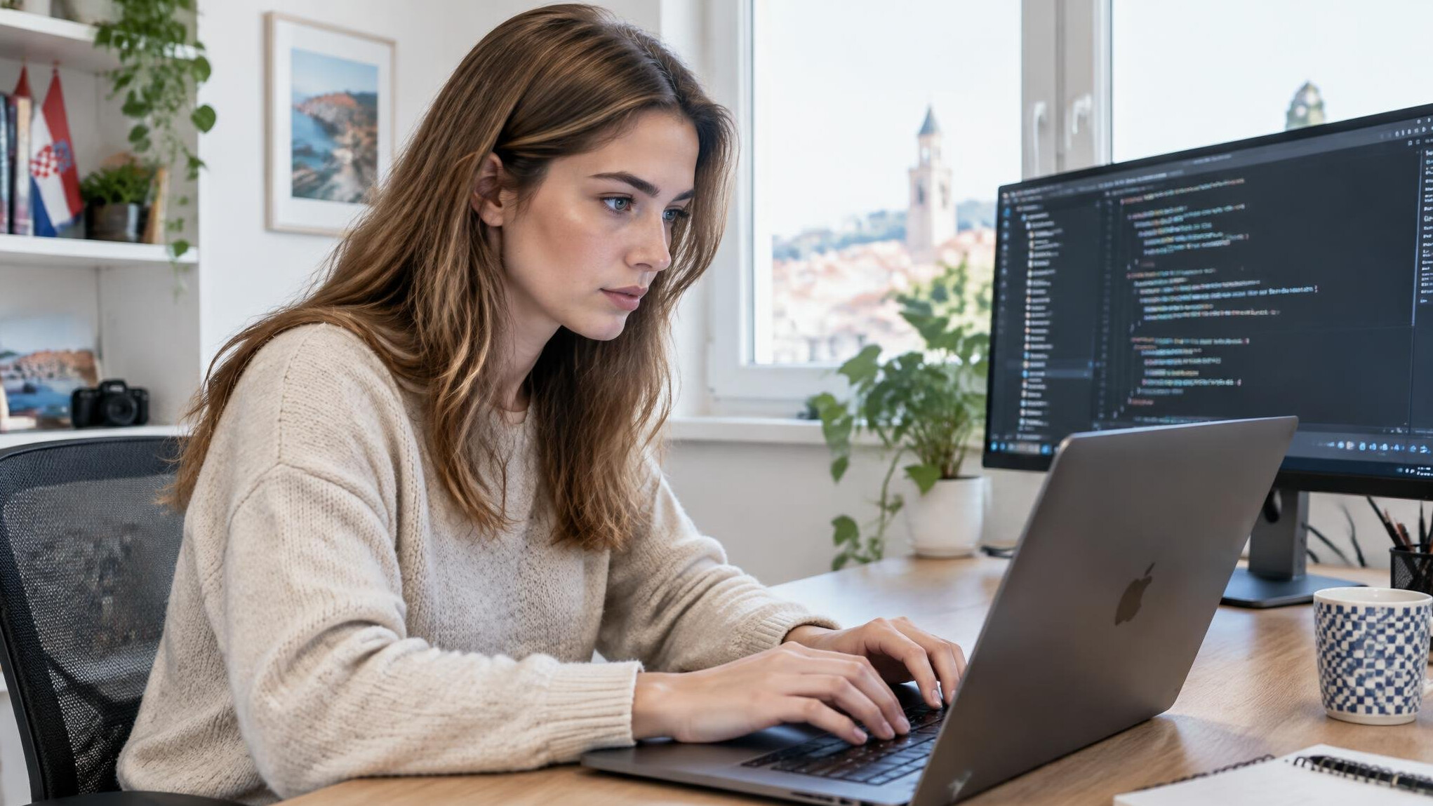Young Croatian woman working on programming code at a desk with dual monitors